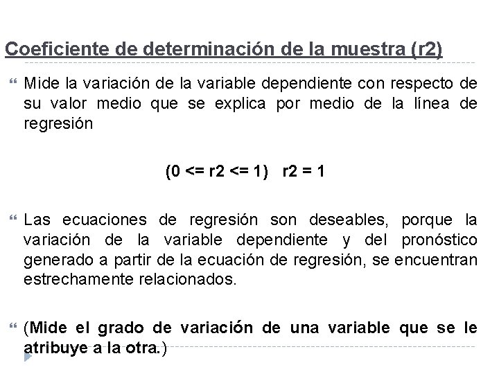 Coeficiente de determinación de la muestra (r 2) Mide la variación de la variable