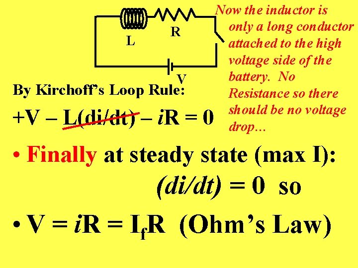 L R V By Kirchoff’s Loop Rule: +V – L(di/dt) – i. R =