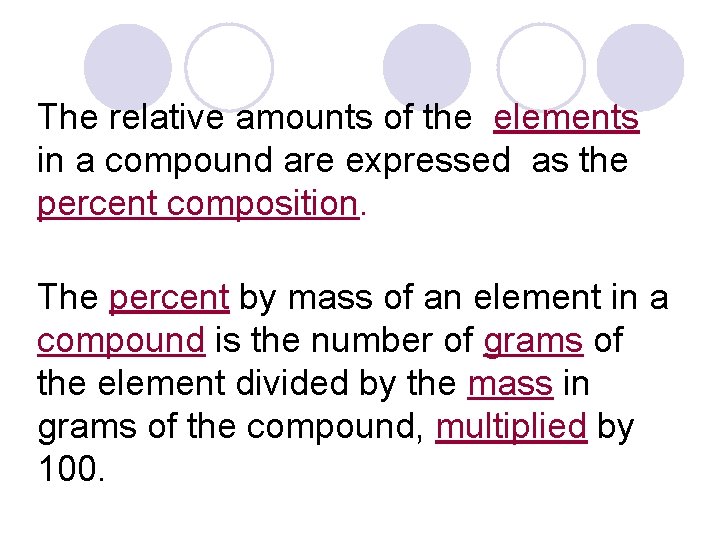 The relative amounts of the elements in a compound are expressed as the percent
