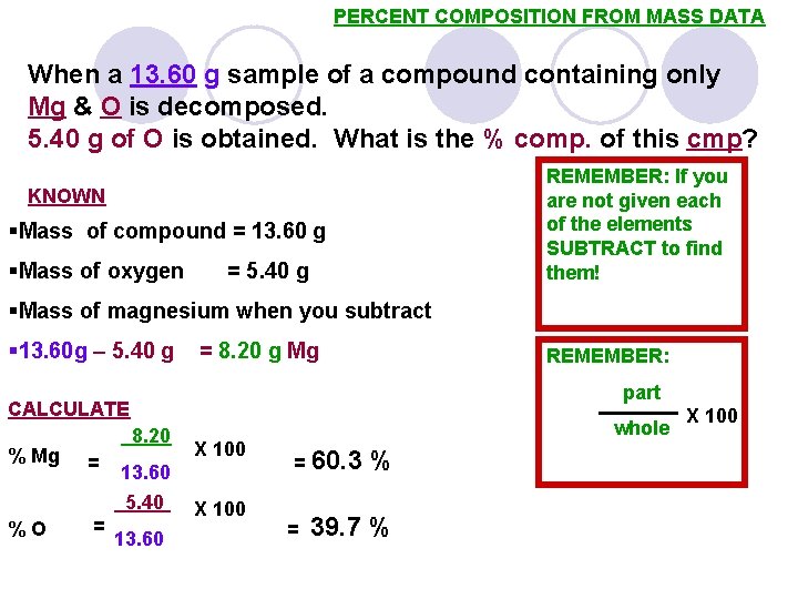 PERCENT COMPOSITION FROM MASS DATA When a 13. 60 g sample of a compound