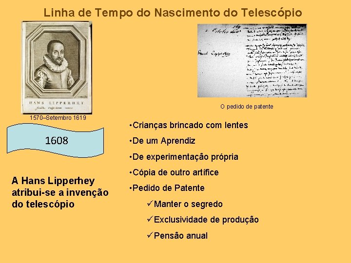 Linha de Tempo do Nascimento do Telescópio O pedido de patente 1570–Setembro 1619 1608