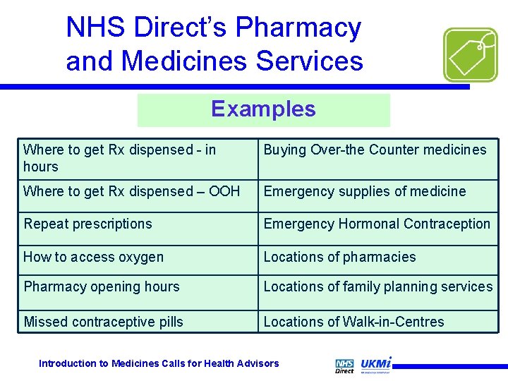 NHS Direct’s Pharmacy and Medicines Services Examples Where to get Rx dispensed - in NHS Direct’s Pharmacy and Medicines Services Examples Where to get Rx dispensed - in