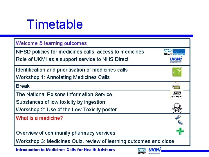 Timetable Welcome & learning outcomes NHSD policies for medicines calls, access to medicines Role Timetable Welcome & learning outcomes NHSD policies for medicines calls, access to medicines Role