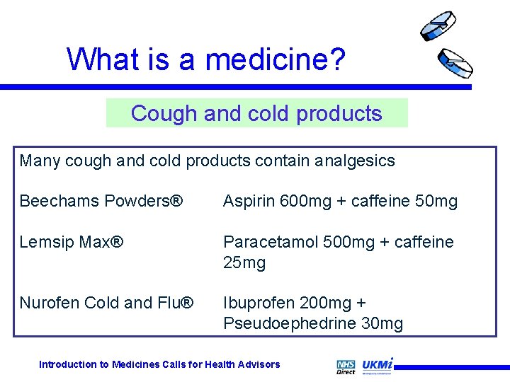What is a medicine? Cough and cold products Many cough and cold products contain What is a medicine? Cough and cold products Many cough and cold products contain