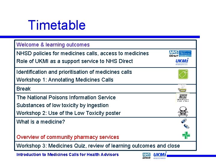Timetable Welcome & learning outcomes NHSD policies for medicines calls, access to medicines Role Timetable Welcome & learning outcomes NHSD policies for medicines calls, access to medicines Role