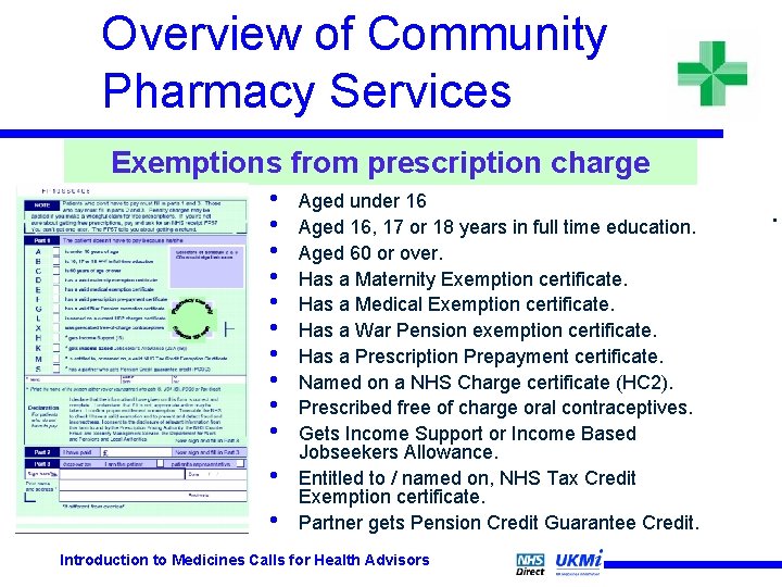 Overview of Community Pharmacy Services Exemptions from prescription charge • • • Aged under Overview of Community Pharmacy Services Exemptions from prescription charge • • • Aged under