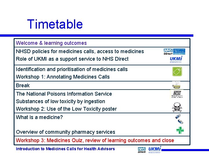 Timetable Welcome & learning outcomes NHSD policies for medicines calls, access to medicines Role Timetable Welcome & learning outcomes NHSD policies for medicines calls, access to medicines Role