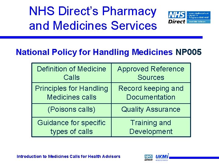 NHS Direct’s Pharmacy and Medicines Services National Policy for Handling Medicines NP 005 Definition NHS Direct’s Pharmacy and Medicines Services National Policy for Handling Medicines NP 005 Definition