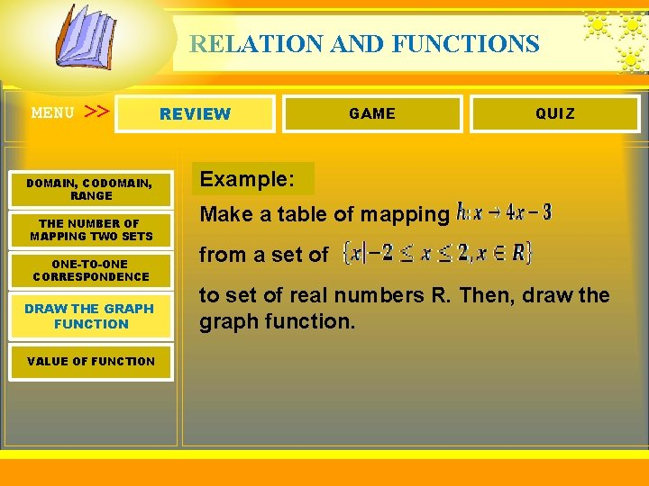 RELATION AND FUNCTIONS MENU >> DOMAIN, CODOMAIN, RANGE THE NUMBER OF MAPPING TWO SETS