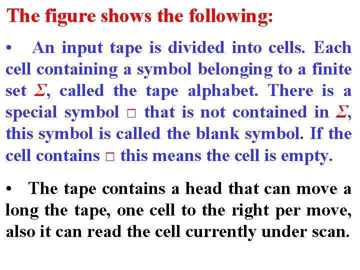 The figure shows the following: • An input tape is divided into cells. Each