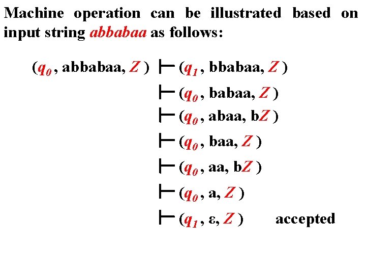 Machine operation can be illustrated based on input string abbabaa as follows: (q 0