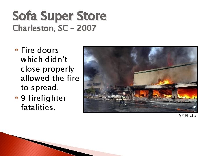 Sofa Super Store Charleston, SC – 2007 Fire doors which didn’t close properly allowed