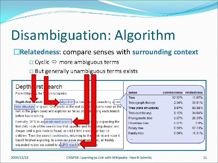 Disambiguation: Algorithm �Relatedness: compare senses with surrounding context � Cyclic more ambiguous terms �