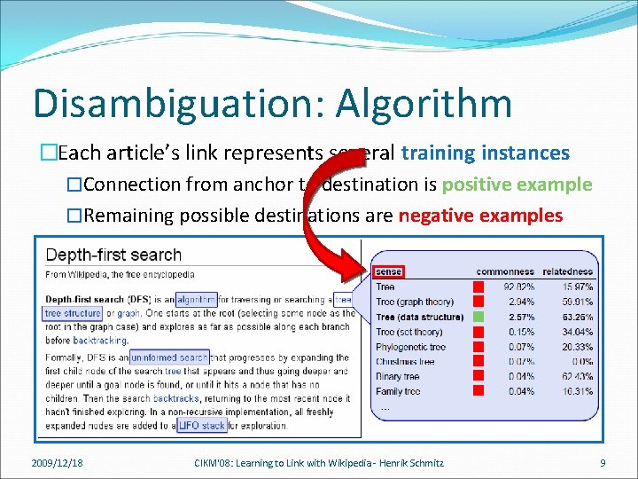 Disambiguation: Algorithm �Each article’s link represents several training instances �Connection from anchor to destination