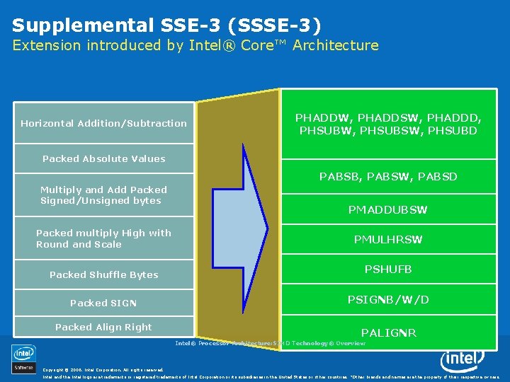 Supplemental SSE-3 (SSSE-3) Extension introduced by Intel® Core™ Architecture Horizontal Addition/Subtraction PHADDW, PHADDSW, PHADDD,