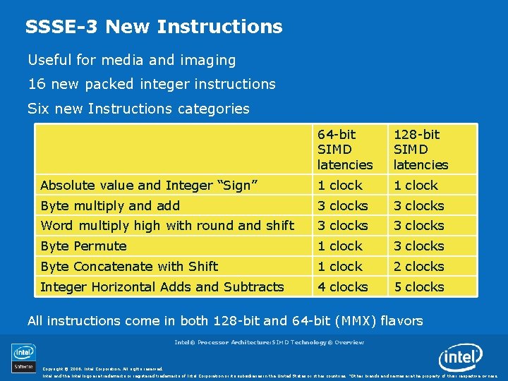 SSSE-3 New Instructions Useful for media and imaging 16 new packed integer instructions Six