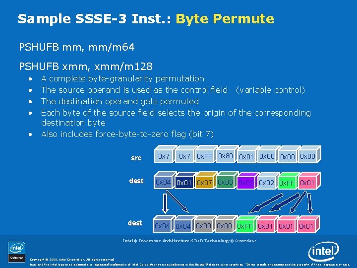 Sample SSSE-3 Inst. : Byte Permute PSHUFB mm, mm/m 64 PSHUFB xmm, xmm/m 128