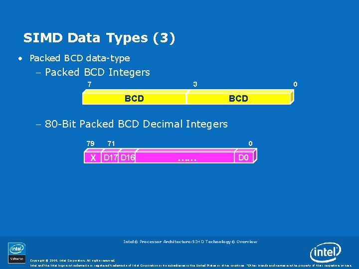 SIMD Data Types (3) • Packed BCD data-type - Packed BCD Integers 7 3