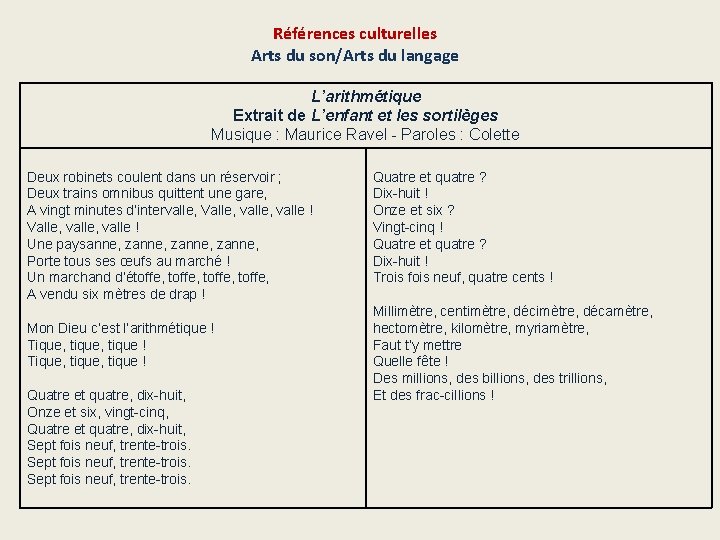 Références culturelles Arts du son/Arts du langage L’arithmétique Extrait de L’enfant et les sortilèges