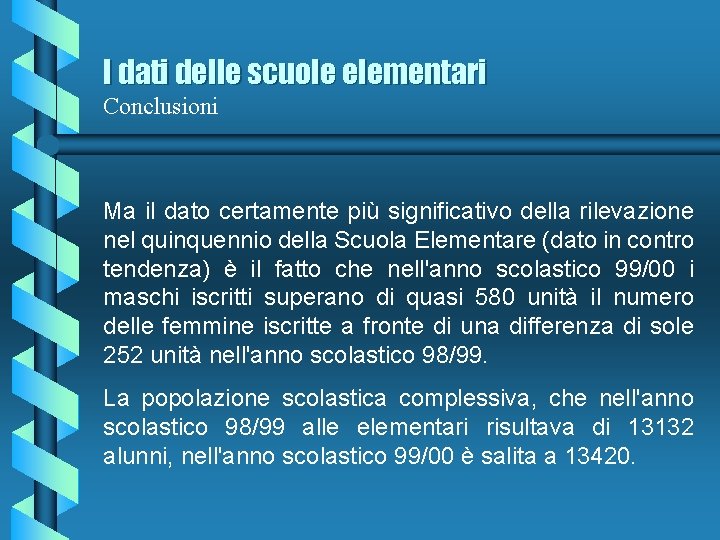 I dati delle scuole elementari Conclusioni Ma il dato certamente più significativo della rilevazione