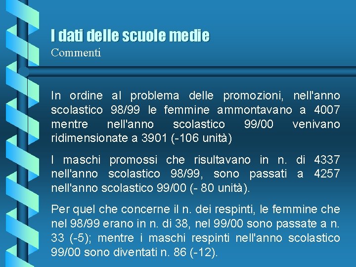 I dati delle scuole medie Commenti In ordine al problema delle promozioni, nell'anno scolastico