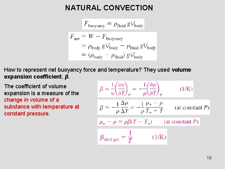 NATURAL CONVECTION How to represent net buoyancy force and temperature? They used volume expansion