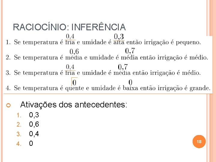 RACIOCÍNIO: INFERÊNCIA Ativações dos antecedentes: 1. 2. 3. 4. 0, 3 0, 6 0,