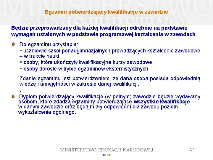 Egzamin potwierdzający kwalifikacje w zawodzie Będzie przeprowadzany dla każdej kwalifikacji odrębnie na podstawie wymagań Egzamin potwierdzający kwalifikacje w zawodzie Będzie przeprowadzany dla każdej kwalifikacji odrębnie na podstawie wymagań