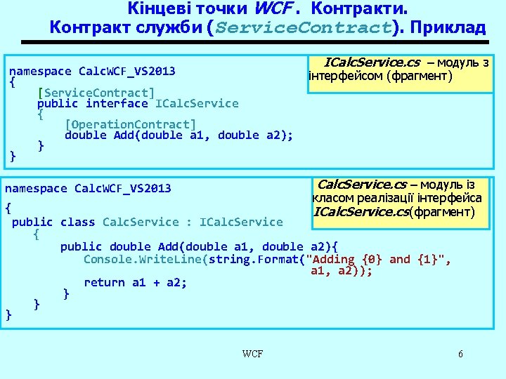Кінцеві точки WCF. Контракти. Контракт служби (Service. Contract). Приклад namespace Calc. WCF_VS 2013 {