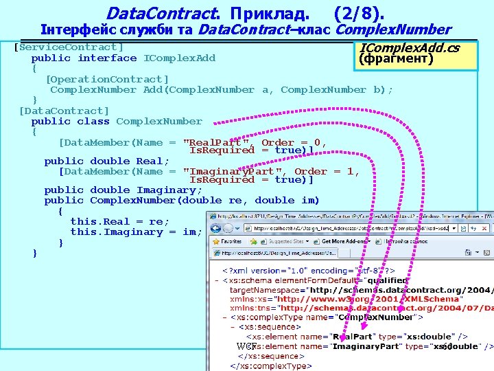 Data. Contract. Приклад. (2/8). Інтерфейс служби та Data. Contract–клас Complex. Number [Service. Contract] IComplex.