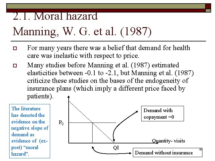 2. 1. Moral hazard Manning, W. G. et al. (1987) o o For many