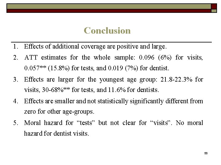 Conclusion 1. Effects of additional coverage are positive and large. 2. ATT estimates for