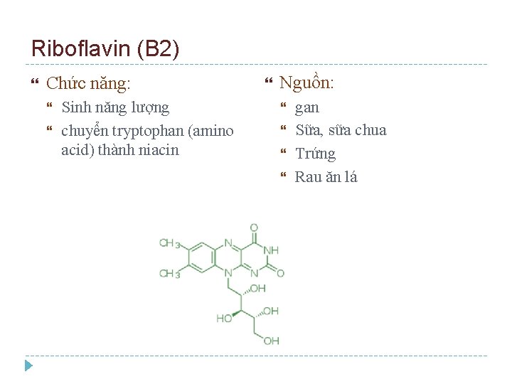 Riboflavin (B 2) Chức năng: Sinh năng lượng chuyển tryptophan (amino acid) thành niacin