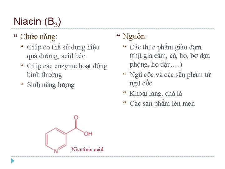 Niacin (B 3) Chức năng: Giúp cơ thể sử dụng hiệu quả đường, acid