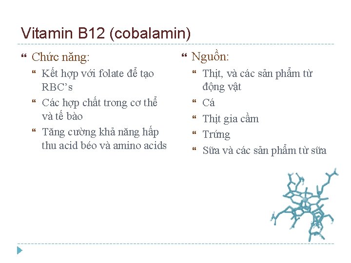 Vitamin B 12 (cobalamin) Chức năng: Kết hợp với folate để tạo RBC’s Các