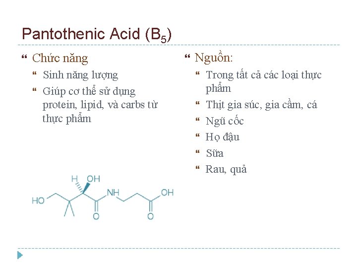 Pantothenic Acid (B 5) Chức năng Sinh năng lượng Giúp cơ thể sử dụng