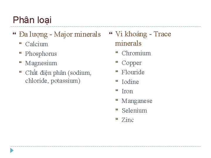 Phân loại Đa lượng - Major minerals Calcium Phosphorus Magnesium Chất điện phân (sodium,