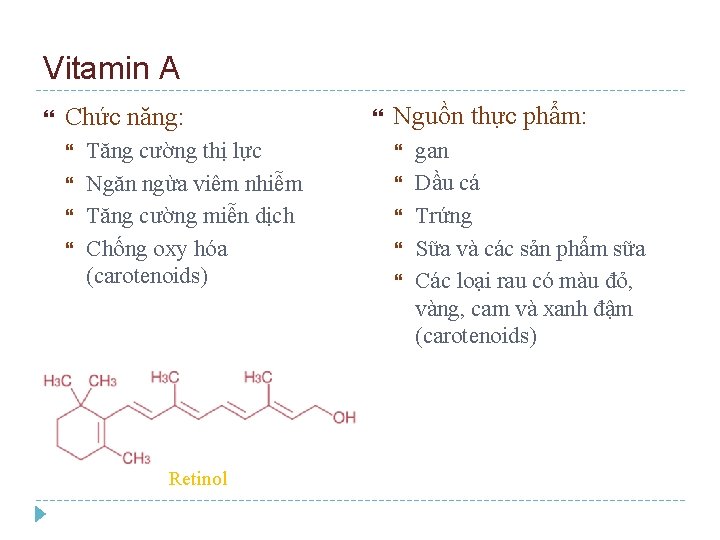 Vitamin A Chức năng: Tăng cường thị lực Ngăn ngừa viêm nhiễm Tăng cường