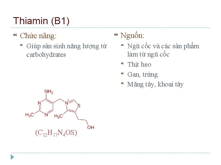 Thiamin (B 1) Chức năng: Giúp sản sinh năng lượng từ carbohydrates Nguồn: (C