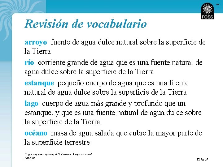 TM Revisión de vocabulario arroyo fuente de agua dulce natural sobre la superficie de