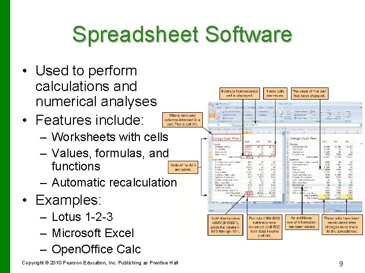 Spreadsheet Software • Used Us to perform calculations and numerical analyses • Features include: