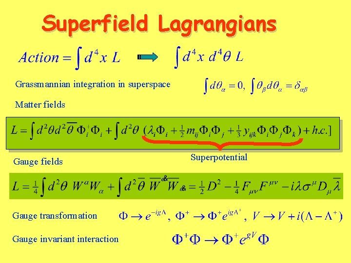 Superfield Lagrangians Grassmannian integration in superspace Matter fields Gauge transformation Gauge invariant interaction Superpotential