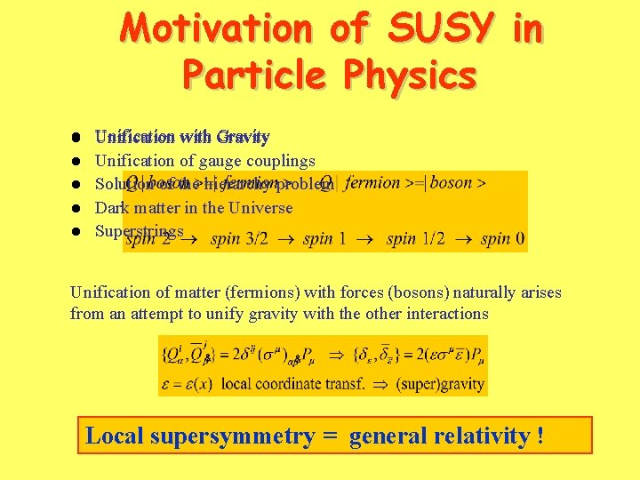 Motivation of SUSY in Particle Physics l l l Unification with Gravity Unification of