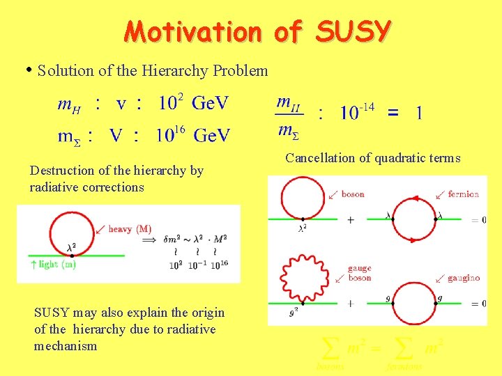 Motivation of SUSY • Solution of the Hierarchy Problem Destruction of the hierarchy by