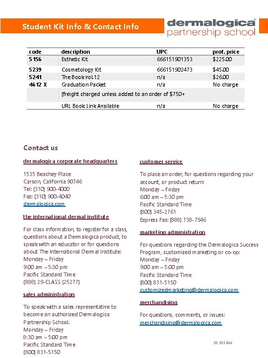 Student Kit Info & Contact Info code 5156 description Esthetic Kit UPC 666151901353 prof.