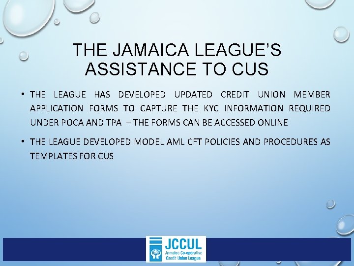 THE JAMAICA LEAGUE’S ASSISTANCE TO CUS • THE LEAGUE HAS DEVELOPED UPDATED CREDIT UNION