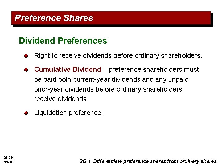 Preference Shares Dividend Preferences Right to receive dividends before ordinary shareholders. Cumulative Dividend – Preference Shares Dividend Preferences Right to receive dividends before ordinary shareholders. Cumulative Dividend –
