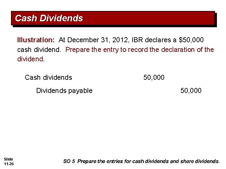 Cash Dividends Illustration: At December 31, 2012, IBR declares a $50, 000 cash dividend. Cash Dividends Illustration: At December 31, 2012, IBR declares a $50, 000 cash dividend.