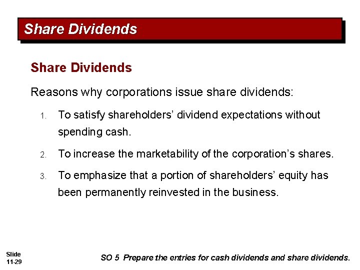 Share Dividends Reasons why corporations issue share dividends: 1. To satisfy shareholders’ dividend expectations Share Dividends Reasons why corporations issue share dividends: 1. To satisfy shareholders’ dividend expectations