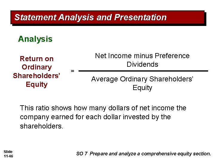 Statement Analysis and Presentation Analysis Return on Ordinary Shareholders’ Equity = Net Income minus Statement Analysis and Presentation Analysis Return on Ordinary Shareholders’ Equity = Net Income minus